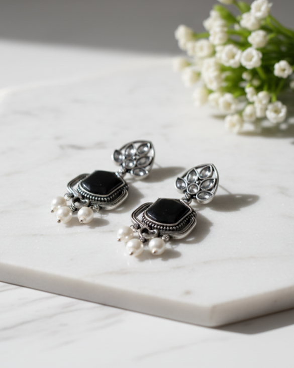 Creostyle Black Stone Oxidised Silver Jhumka Earrings – Traditional Ethnic Jewelry for Women & Girls