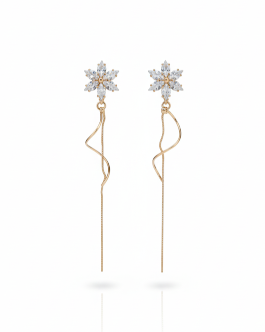 Creostyle Floral Sparkle Gold Threader Earrings | Long Dangle CZ Crystal Chain