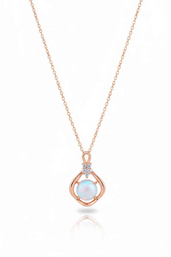 Creostyle | Modern Twisted Rose Gold Necklace – Oval White Opal/CZ Stone