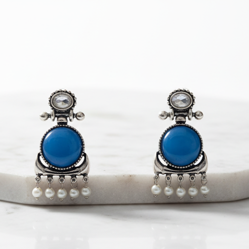 Creostyle Emerald Green Stone & Pearl Oxidized Silver Earrings | Ethnic Dangle Jewelry