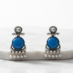 Creostyle Emerald Green Stone & Pearl Oxidized Silver Earrings | Ethnic Dangle Jewelry