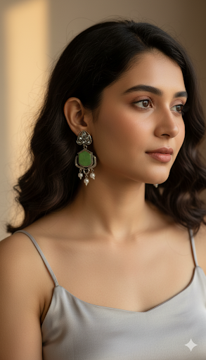 Creostyle Ethnic Meenakari Long Chandbali Jhumka Earrings for Women & Girls | Silver Plated Green Designer Earrings | Traditional Wedding & Festive Jewelry