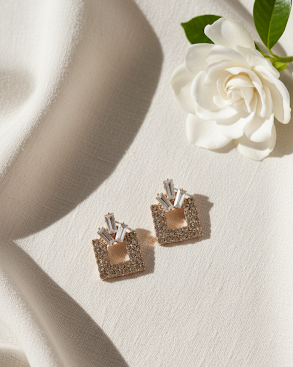 Creostyle Rose Gold Square Earrings with AD Stones | Elegant American Diamond Earrings for Women & Girls
