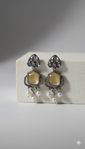 Creostyle Yellow Monalisa Stone Earrings with Pearl Detailing – Elegant Party & Ethnic Jewelry for Women