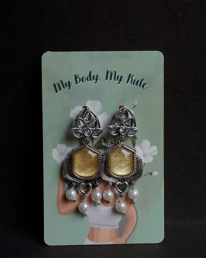 Creostyle Yellow Monalisa Stone Earrings with Pearl Detailing – Elegant Party & Ethnic Jewelry for Women