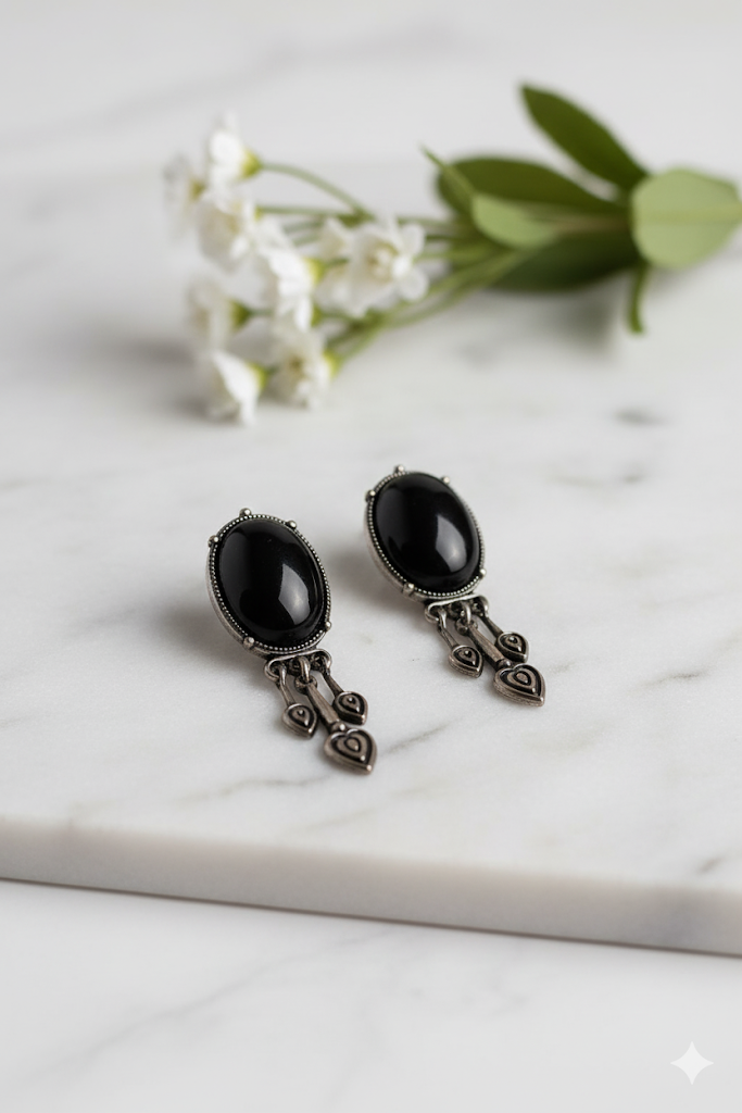 Creostyle Black Stone with White Stones Oxidised Earrings – Stylish Western & Party Wear Jewelry for Women