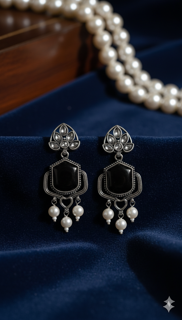 Creostyle Black Stone Oxidised Silver Jhumka Earrings – Traditional Ethnic Jewelry for Women & Girls