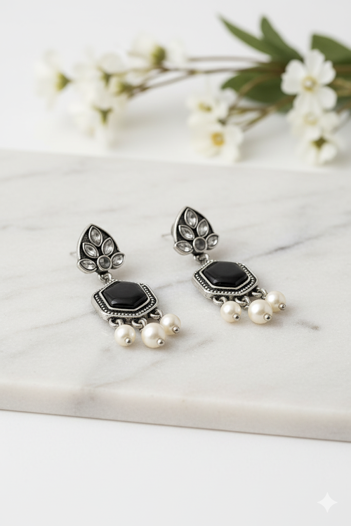 Creostyle Black Stone Oxidised Silver Jhumka Earrings – Traditional Ethnic Jewelry for Women & Girls