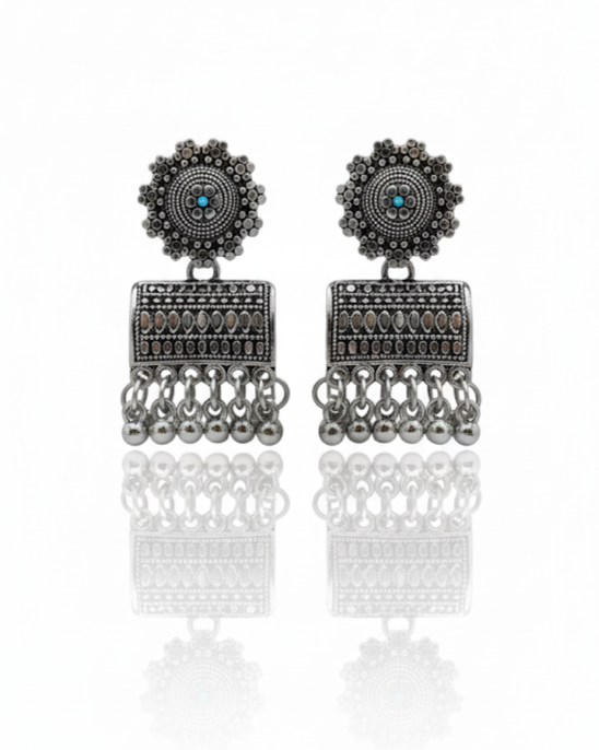 Creostyle Bohemian Oxidized Silver Box Dangle Earrings | Floral Stud & Ghungroo Drops