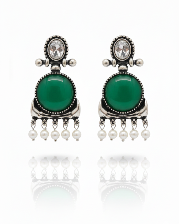 Creostyle Emerald Green Stone & Pearl Oxidized Silver Earrings | Ethnic Dangle Jewelry