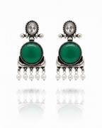 Creostyle Emerald Green Stone & Pearl Oxidized Silver Earrings | Ethnic Dangle Jewelry