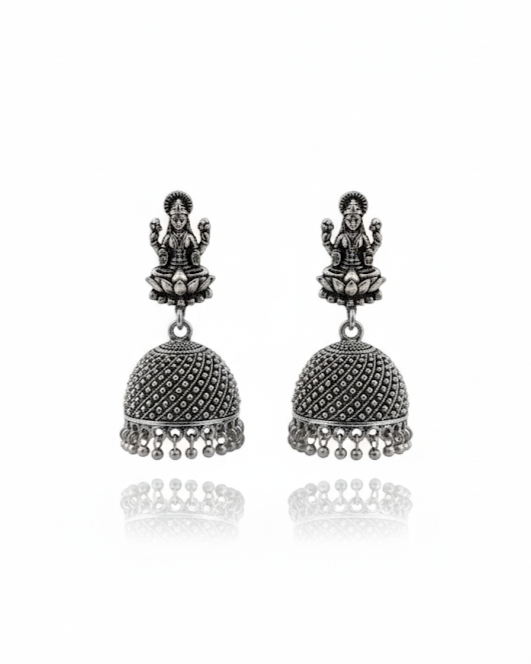 Creostyle Goddess Lakshmi Oxidized Silver Jhumka Earrings | Traditional Ethnic Jewelry