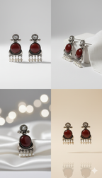 Creostyle Emerald Green Stone & Pearl Oxidized Silver Earrings | Ethnic Dangle Jewelry