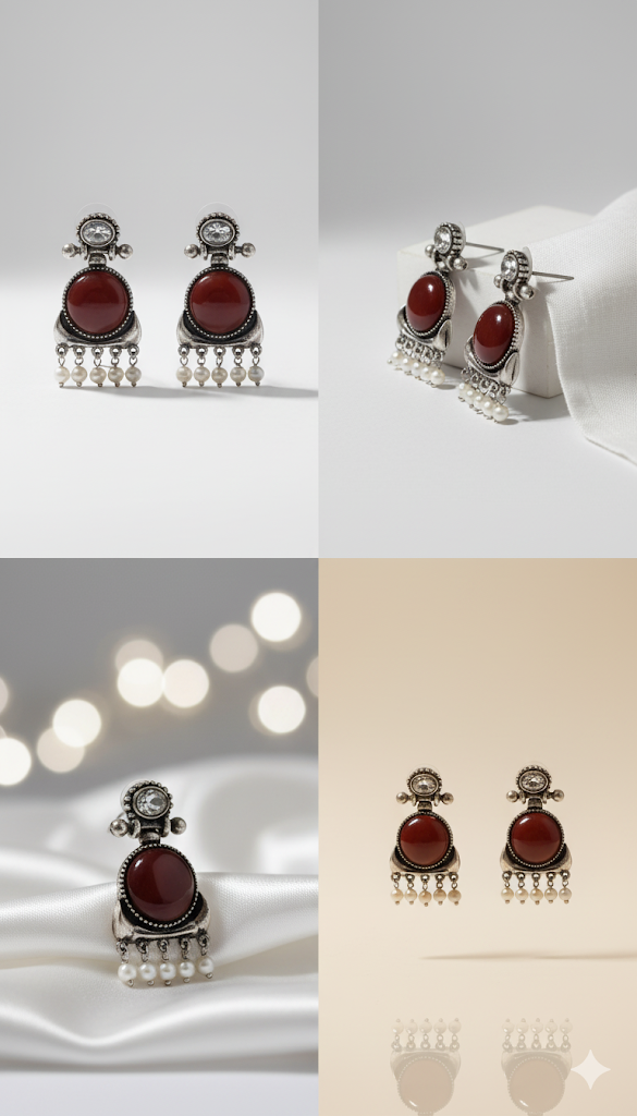 Creostyle Emerald Green Stone & Pearl Oxidized Silver Earrings | Ethnic Dangle Jewelry