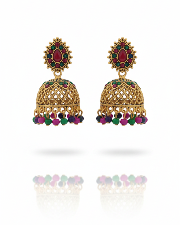 Creostyle Bridal Gold-Plated Kundan Jhumka Earrings | Multi-Color Stone & Bead Drops