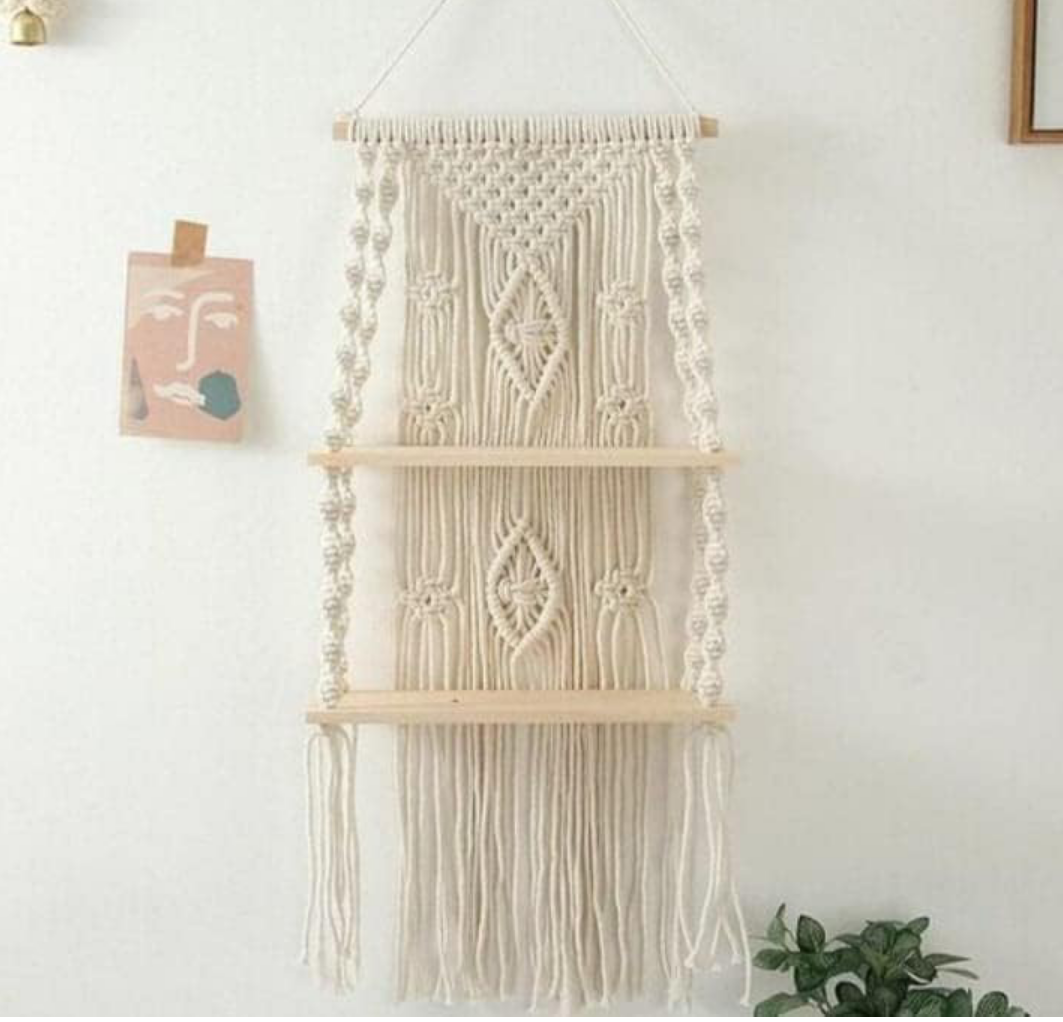 Wall Hanging Shelf Balcony Hangers |118| Pine Wooden Plank Bohemian Style Hand Cotton Cord with Set of 2 Shelves for Flower Plants |Living Room | Bathroom Beige, L 75 x 30 W