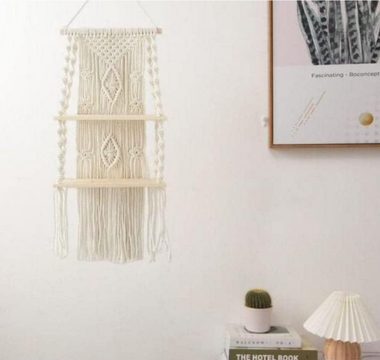 Wall Hanging Shelf Balcony Hangers |118| Pine Wooden Plank Bohemian Style Hand Cotton Cord with Set of 2 Shelves for Flower Plants |Living Room | Bathroom Beige, L 75 x 30 W