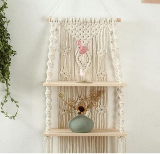Wall Hanging Shelf Balcony Hangers |118| Pine Wooden Plank Bohemian Style Hand Cotton Cord with Set of 2 Shelves for Flower Plants |Living Room | Bathroom Beige, L 75 x 30 W