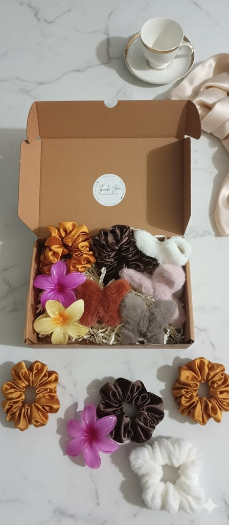 Creostyle | Cozy Glam Hair Gift Box - Scrunchies, Fluffy Clips & Floral Soaps Hamper