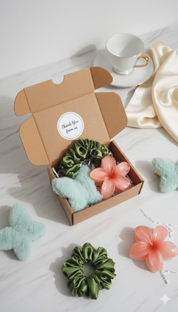 Creostyle | Garden Delight Mini Gift Box - Silk Scrunchie, Butterfly Clip & Floral Soap Hamper