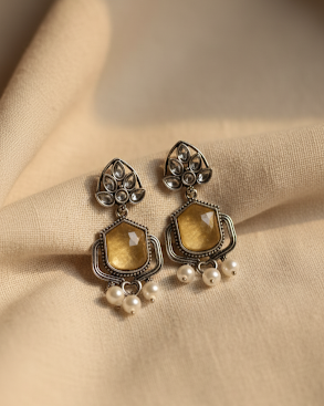 Creostyle Yellow Monalisa Stone Earrings with Pearl Detailing – Elegant Party & Ethnic Jewelry for Women