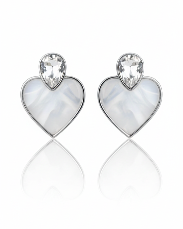 Creostyle 'Eternal Love' Heart Mother of Pearl Stud Earrings | CZ Accent Silver Tone